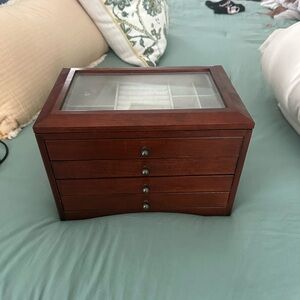 Mahogany Jewelry Organizer with Glass Top and Three Drawers